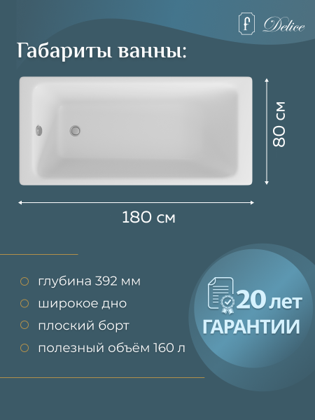 Ванна чугунная (180х80) Delice Parallel DLR220506-AS с антискользящим покрытием
